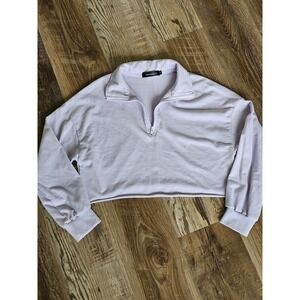 Merokeety Lavender Purple Quarter Zip Cropped‎ Sweatshirt Raw Hem Small